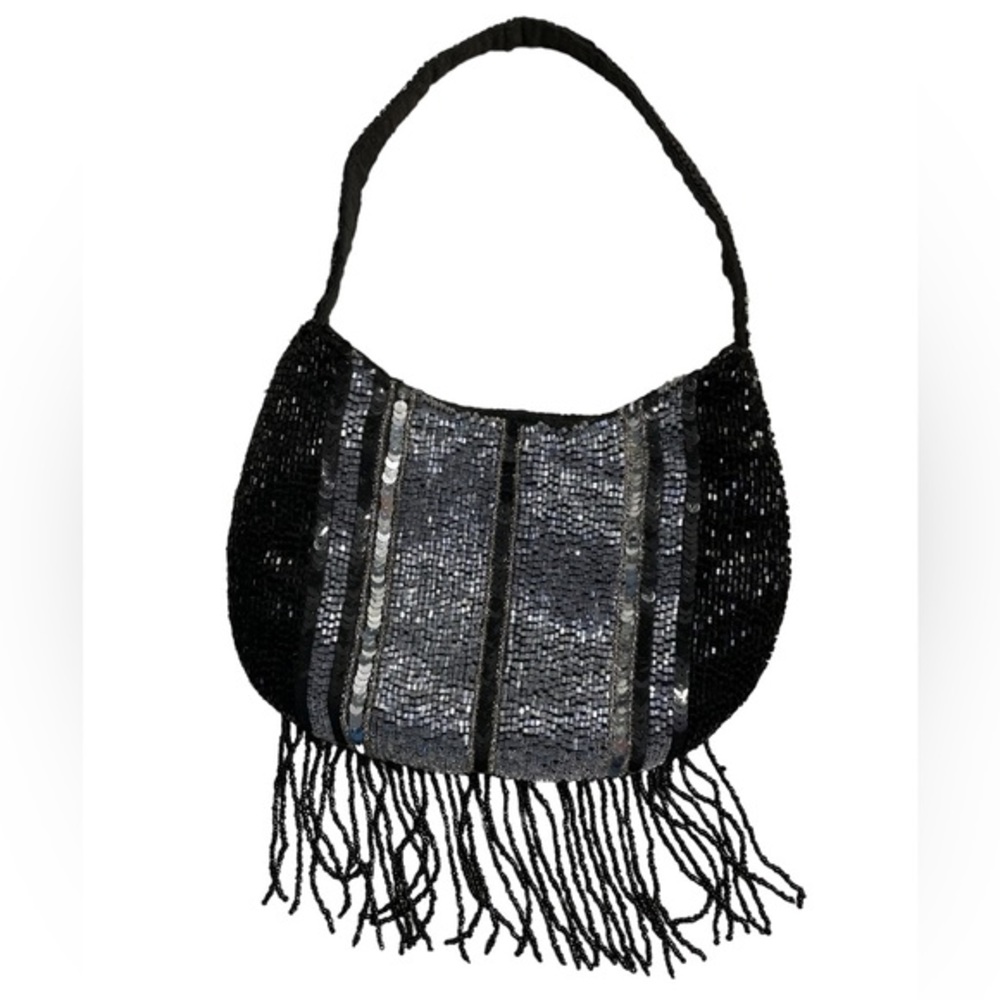 Evening bag beaded and sequined with beaded fringe and handle. Special Occasion.